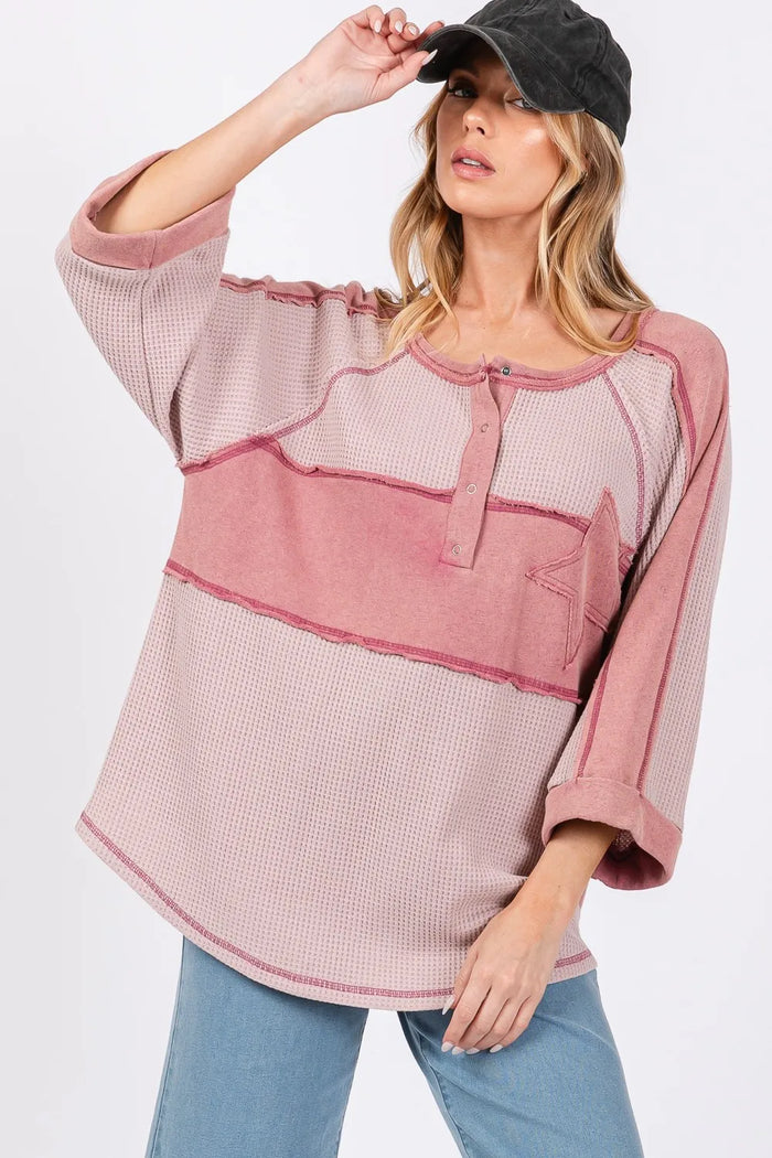 SAGE + FIG Star Applique Patch Exposed Seam Waffle Knit Top - Brittney MADE