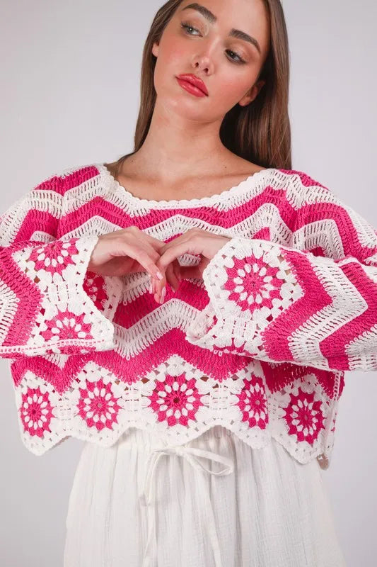 VERY J Chevron/Floral Pattern Crochet Knit Top - Brittney MADE