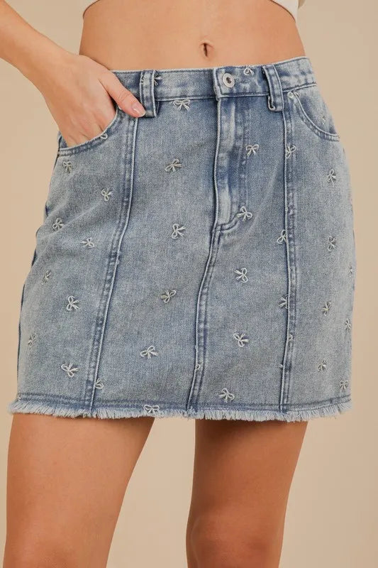 VERY J Bow Printed Casual Denim Mini Skirt - Brittney MADE