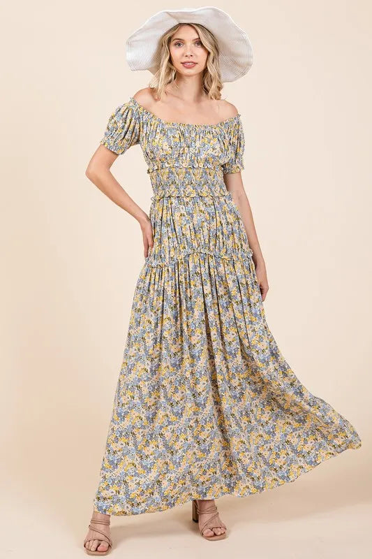 Mittoshop Flower Print Puff Sleeve Gathered Maxi Dress - Brittney MADE