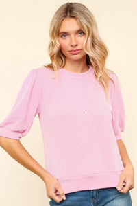 Haptics Full Size Wavy Rib Half Sleeve Knit Top - Brittney MADE