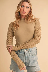 Aemi+Co Mock Neck Ribbed Knit Top with Crochet Sleeve - Brittney MADE