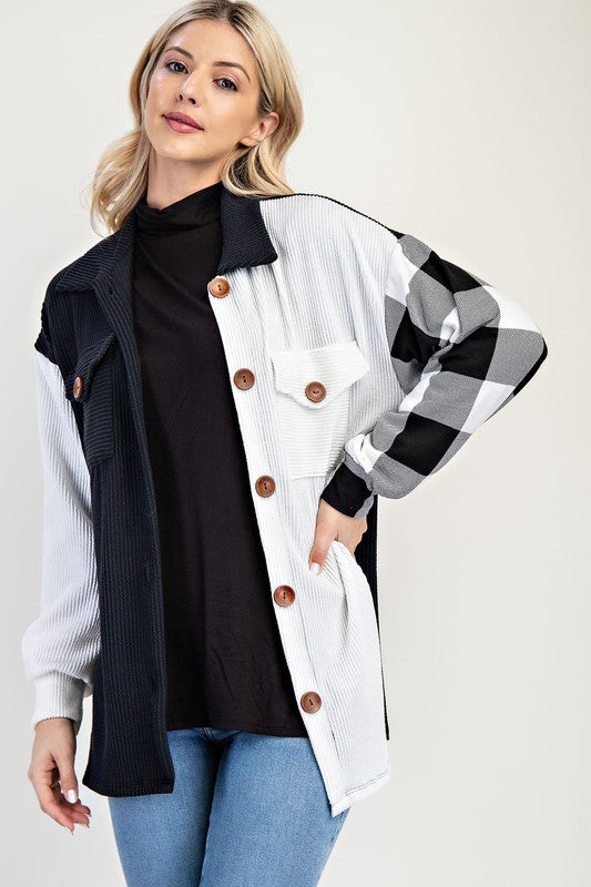 Celeste Full Size Plaid Contrast Button Up Shacket - Brittney MADE