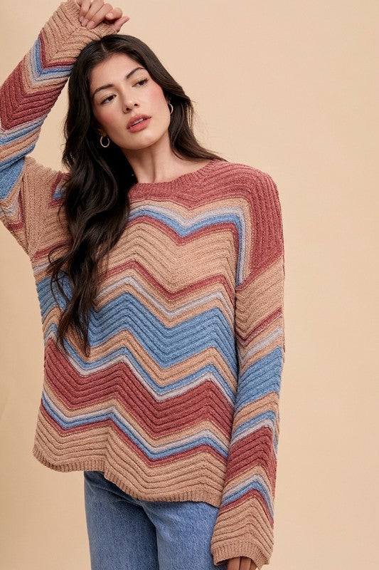 Annie Wear Multi Color Zig-Zag Round Neck Sweater - Brittney MADE