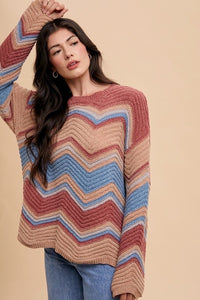 Annie Wear Multi Color Zig-Zag Round Neck Sweater - Brittney MADE