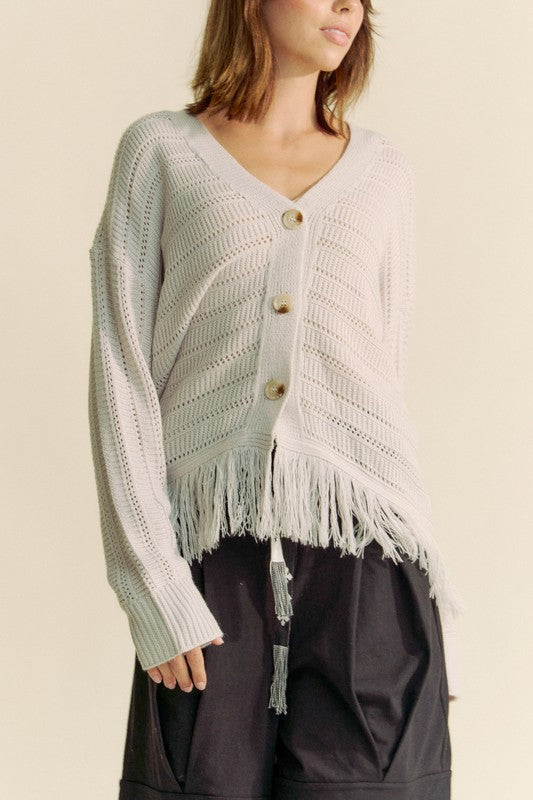 Davi & Dani Fringe V-Neck Button Up Long Sleeve Cardigan - Brittney MADE