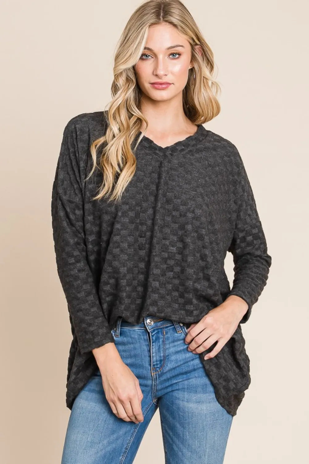 BOMBOM Checkered Long Sleeve V-Neck T-Shirt - Brittney MADE