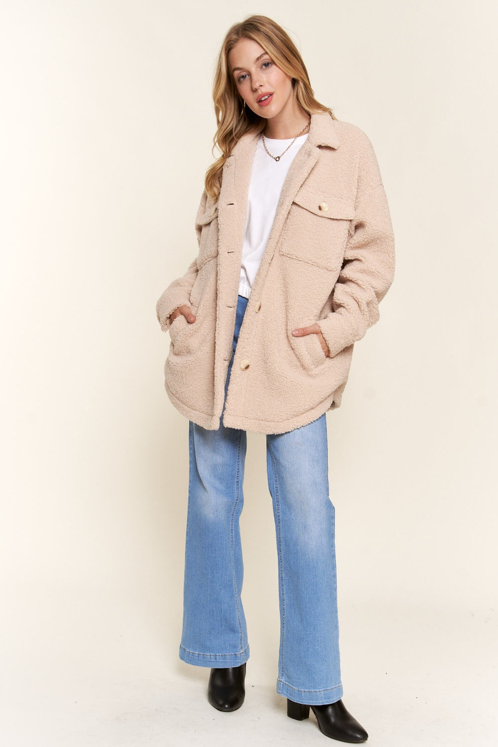 And The Why Teddy Sherpa Button Down Curved Hem Shacket - Brittney MADE