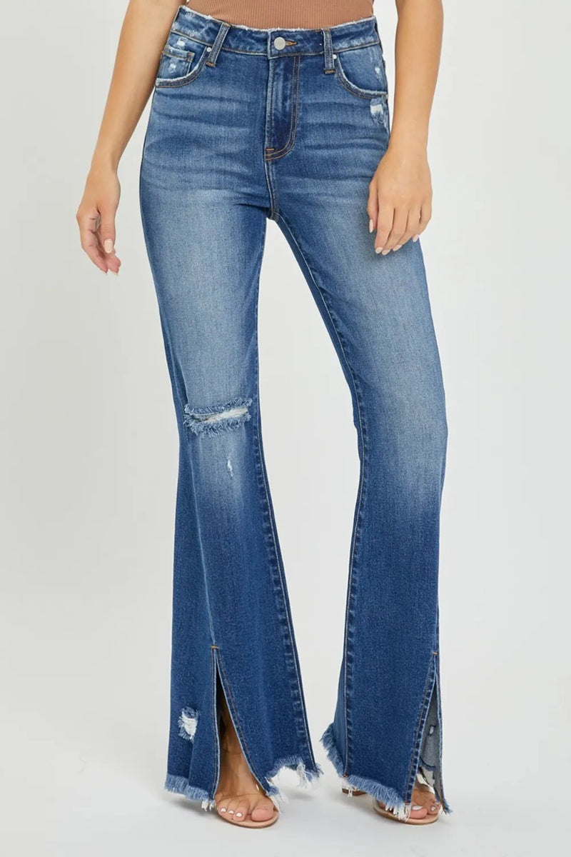 RISEN Full Size High Rise Front Slit Frayed Hem Flare Jeans - Brittney MADE