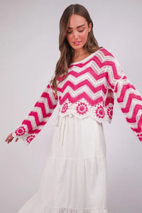 VERY J Chevron/Floral Pattern Crochet Knit Top - Brittney MADE