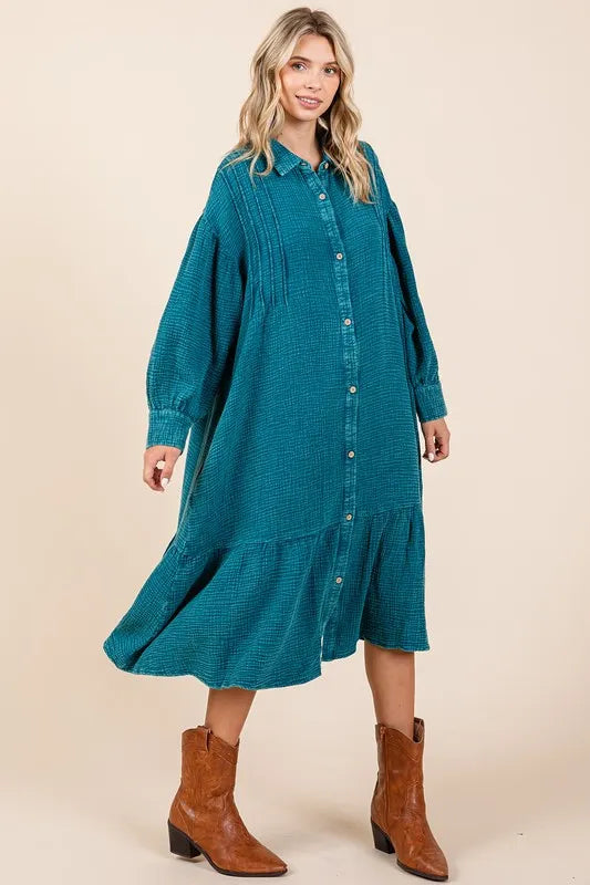 Mittoshop Mineral Wash Cotton Gauze Ruffle Midi Shirt Dress - Brittney MADE