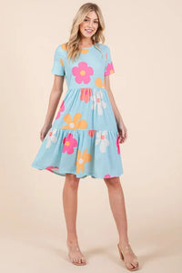 BOMBOM Floral Round Neck Short Sleeve Tiered Dress - Brittney MADE