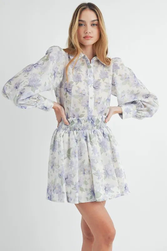 MABLE Floral Print Button Down Blouse and Mini Skirt Set - Brittney MADE