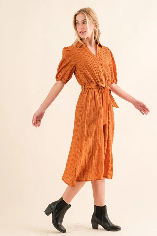 And The Why Waffle Textured Ribbon Waist Midi Dress - Brittney MADE