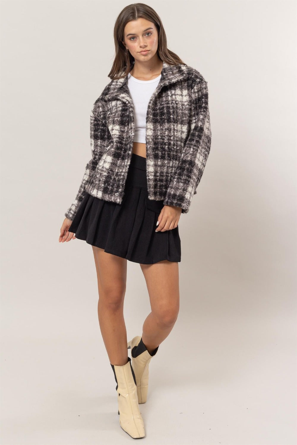 HYFVE Plaid Collared Neck Boucle Jacket with Pockets - Brittney MADE