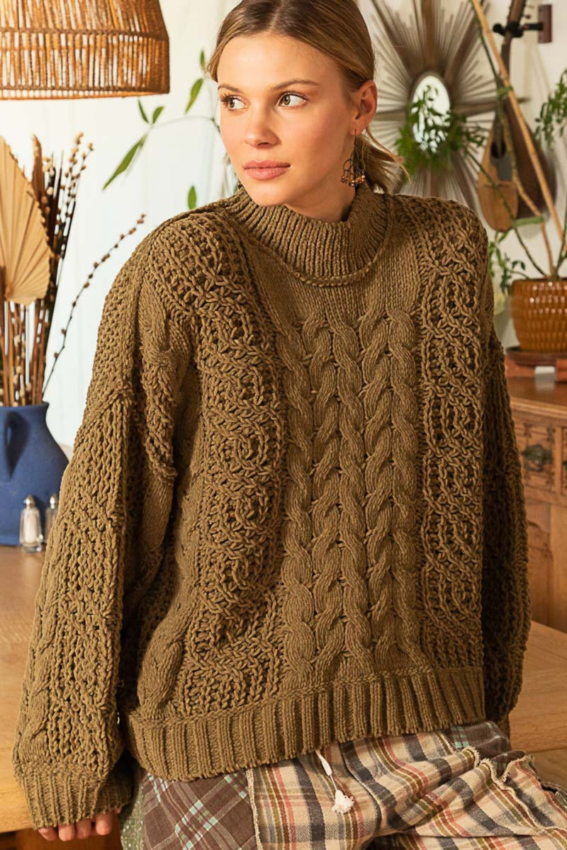 POL Mock Neck Cable Knit Sweater - Brittney MADE