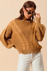 SO ME Mineral Washed Loose Fit Textured Cable Sweater - Brittney MADE