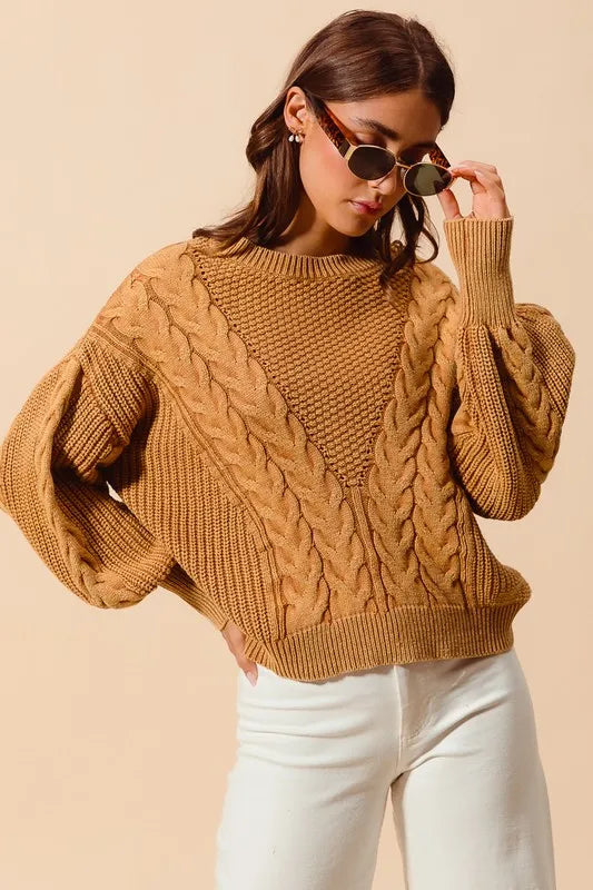 SO ME Mineral Washed Loose Fit Textured Cable Sweater - Brittney MADE