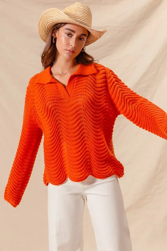 SO ME Notched Collar Wavy Texture Sweater Top - Brittney MADE