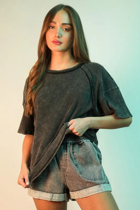 VERY J Plus Size Mineral Washed Ribbed Knit Casual Top - Brittney MADE