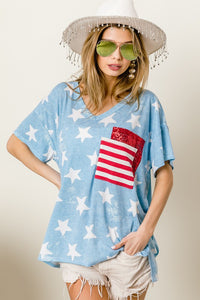 BiBi Star Print Sequin V-Neck Short Sleeve T-Shirt - Brittney MADE