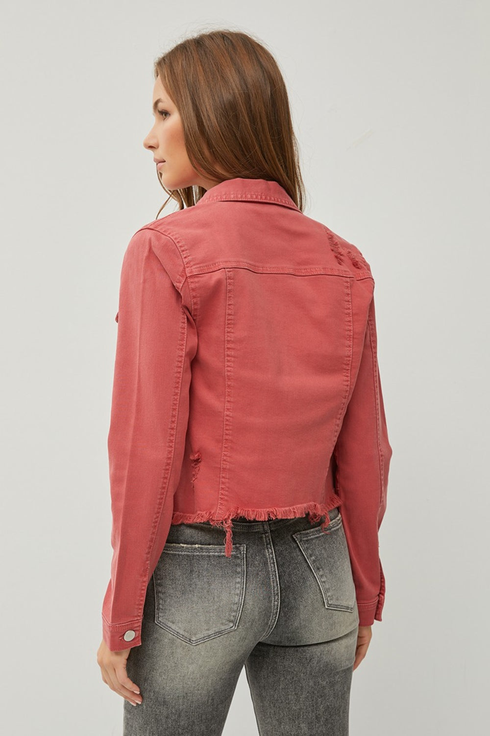 RISEN Full Size Raw Hem Button Up Cropped Denim Jacket Plus Size - Brittney MADE