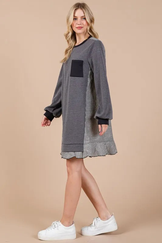 Ces Femme Striped Patchwork Round Neck Terry Sweatshirt Dress - Brittney MADE