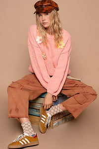 POL Crochet Flower Round Neck Dropped Shoulder Sweater - Brittney MADE