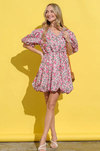And The Why Full Size Floral Surplice Puff Sleeve Dress - Brittney MADE