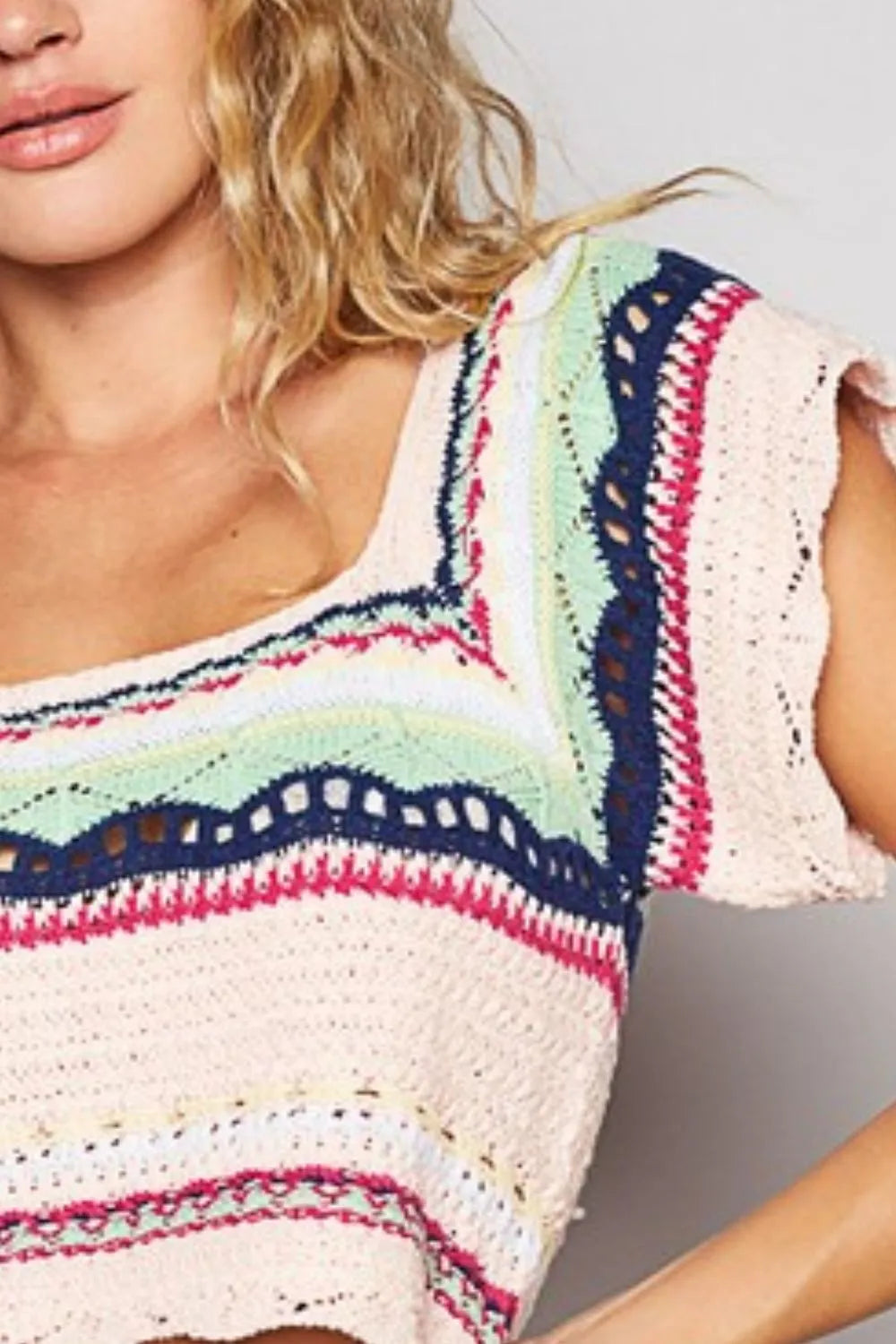 POL Openwork Ethnic Pattern Square Neck Cropped Knit Top - Brittney MADE