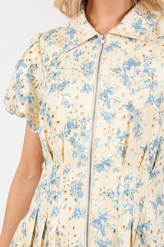 GeeGee Floral Eyelet Zipper Front Puff Sleeve Mini Dress - Brittney MADE