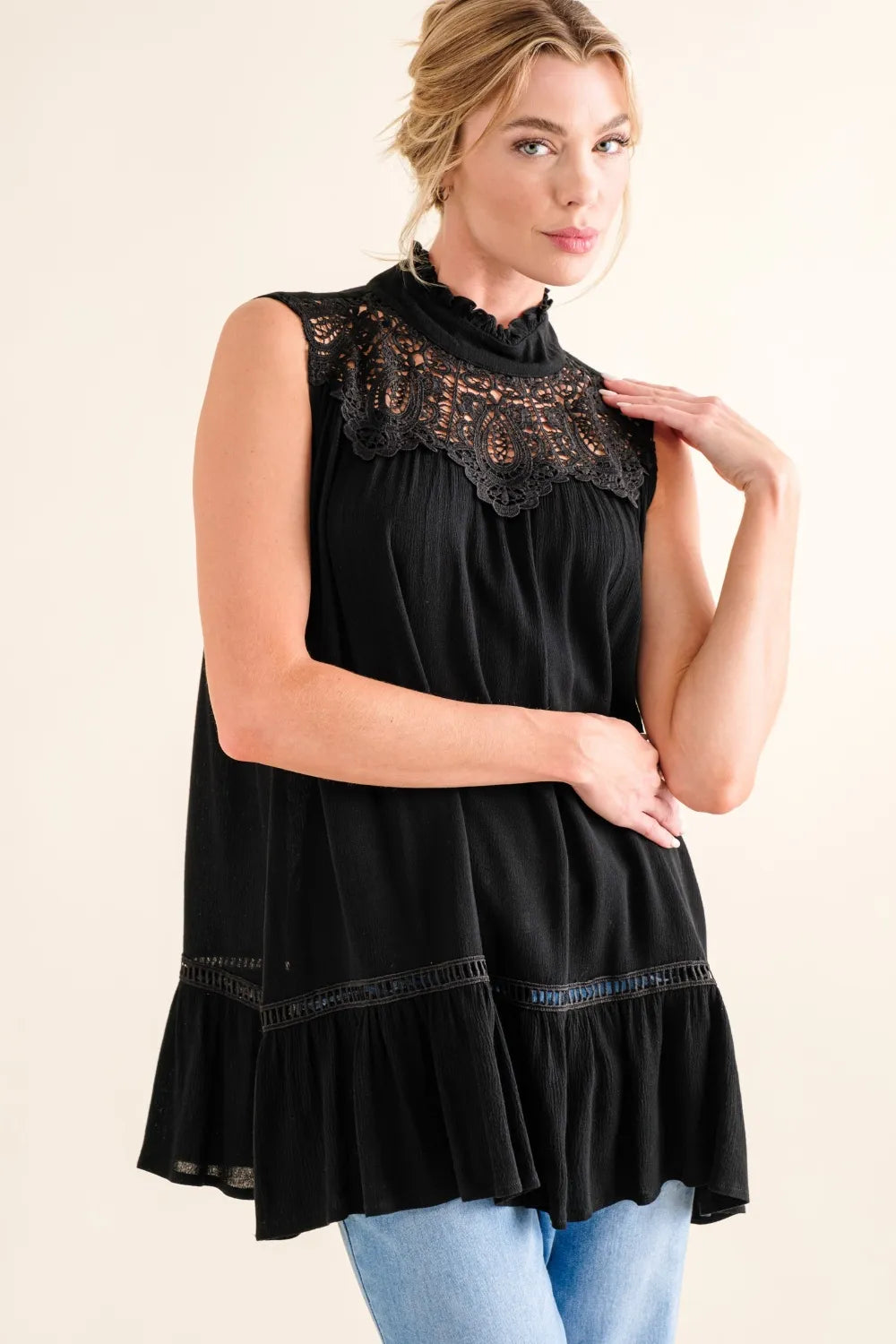 And The Why Lace Detail Sleeveless Ruffled Top - Brittney MADE
