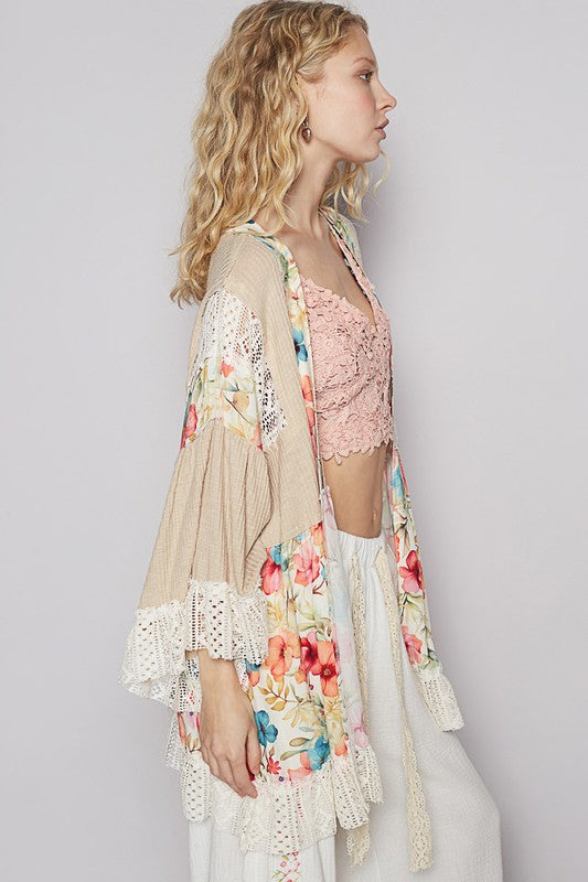 POL Floral Crochet Detail Open Front 3/4 Sleeve Cardigan - Brittney MADE