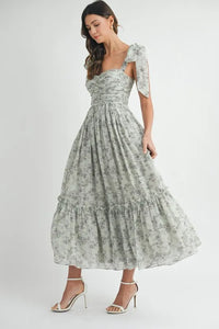 MABLE Floral Bust Ruched Midi Dress with Shoulder Tie - Brittney MADE