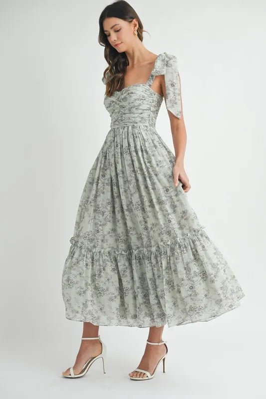 MABLE Floral Bust Ruched Midi Dress with Shoulder Tie - Brittney MADE