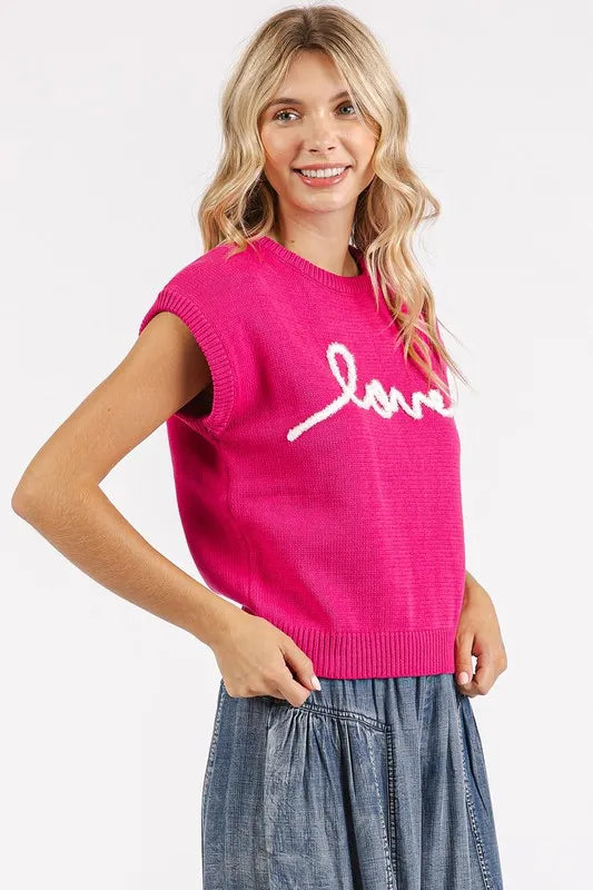 Mittoshop Contrast Letter Round Neck Cap Sleeve Knit Top - Brittney MADE