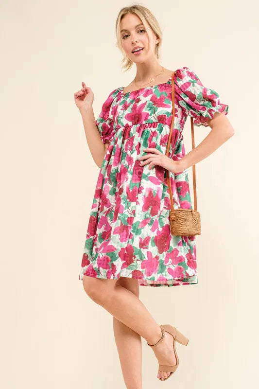 And The Why Smocked Floral Ruffle Short Sleeve Mini Dress - Brittney MADE