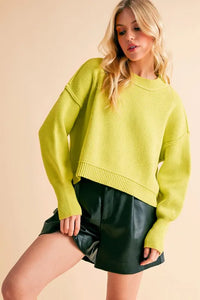 Aemi+Co Ribbed Hem Exposed Seam Round Neck Sweater - Brittney MADE