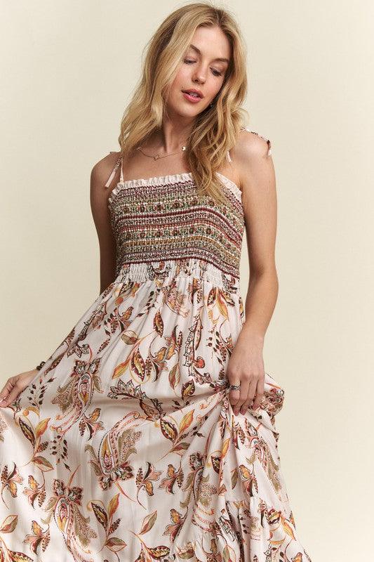 ADORA Smocked Printed Square Neck Tie Shoulder Cami Dress - Brittney MADE