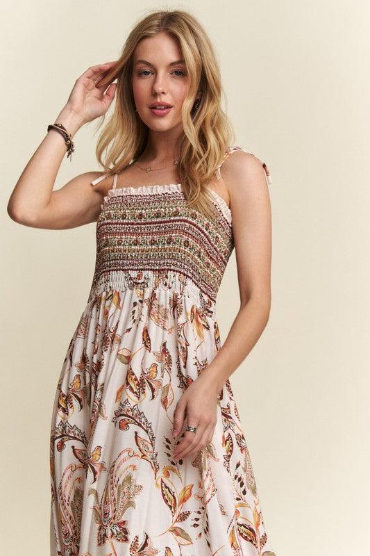 ADORA Smocked Printed Square Neck Tie Shoulder Cami Dress - Brittney MADE