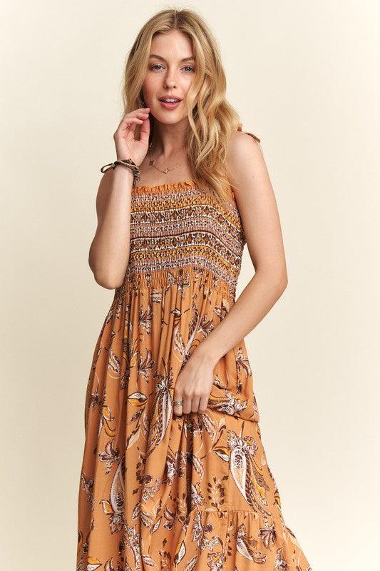 ADORA Smocked Printed Square Neck Tie Shoulder Cami Dress - Brittney MADE