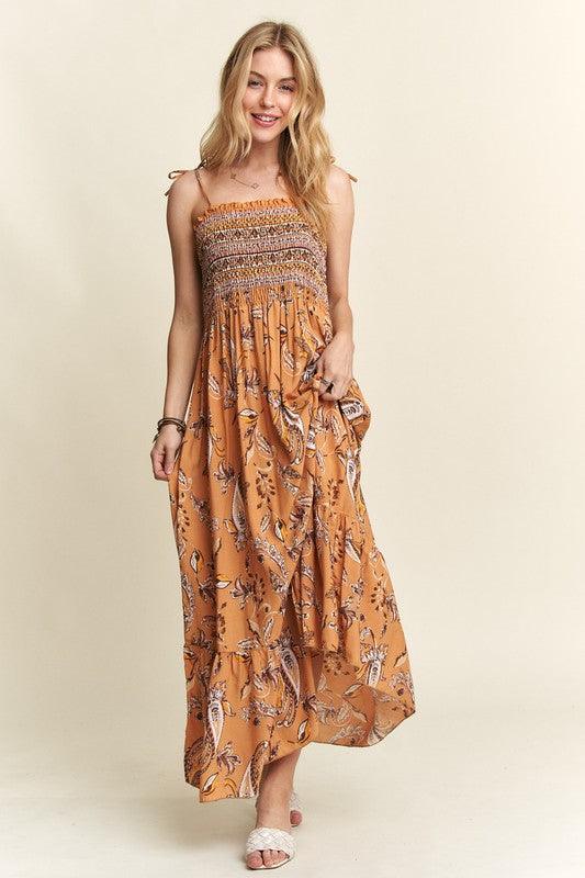 ADORA Smocked Printed Square Neck Tie Shoulder Cami Dress - Brittney MADE