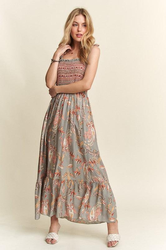 ADORA Smocked Printed Square Neck Tie Shoulder Cami Dress - Brittney MADE
