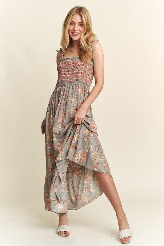 ADORA Smocked Printed Square Neck Tie Shoulder Cami Dress - Brittney MADE