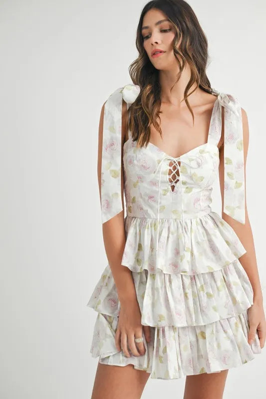 MABLE Floral Print Shoulder Tie Layered Mini Dress - Brittney MADE