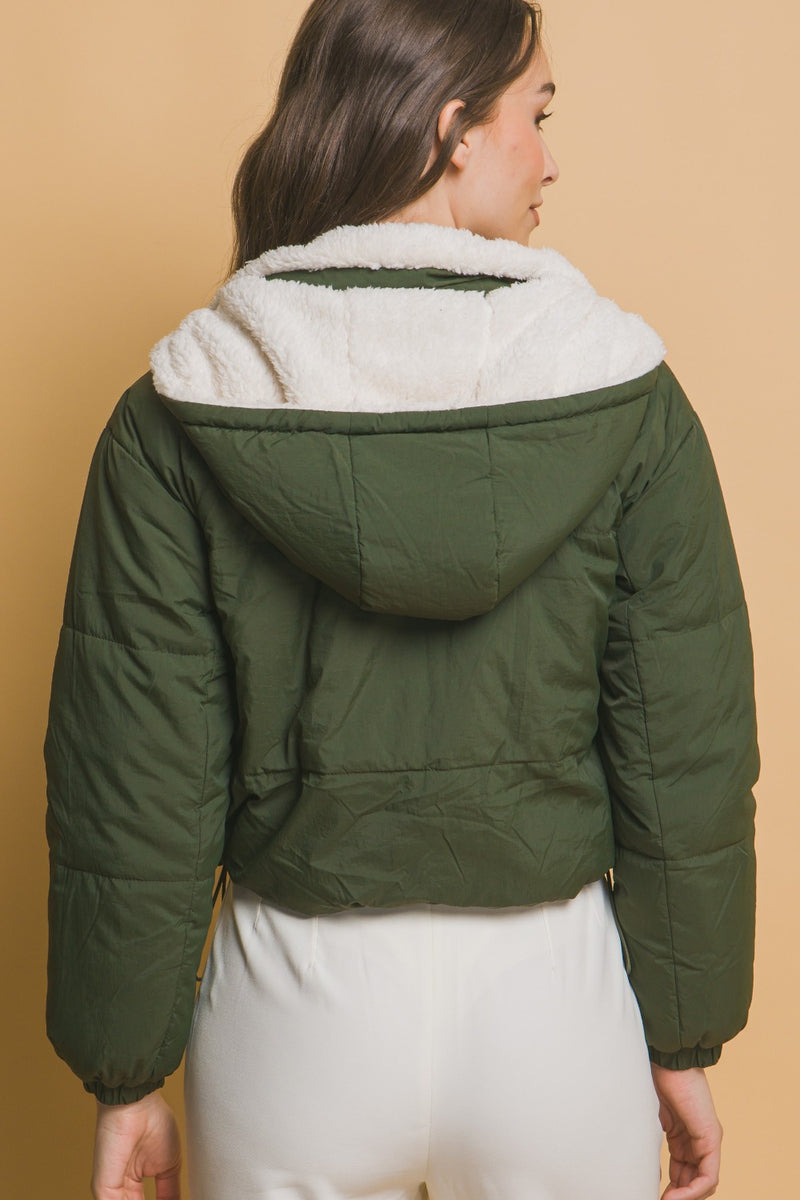 Love Tree Zip Up Cropped Hooded Sherpa Reversible Jacket - Brittney MADE