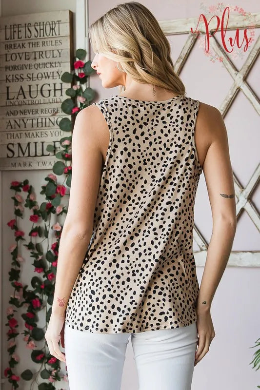 Heimish Full Size Front Button Animal Print Sleeveless Top Plus Size - Brittney MADE