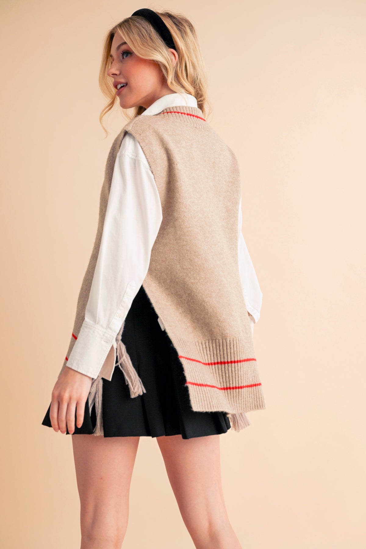 Aemi + Co Ribbed V-Neck Sweater Vest with Tassel - Brittney MADE