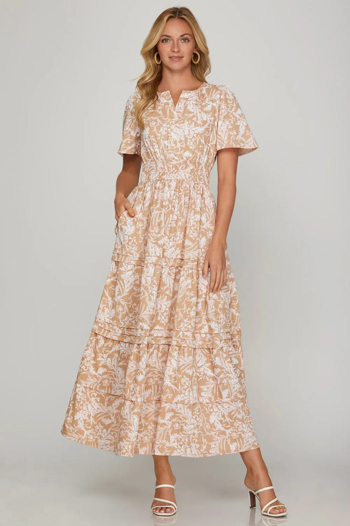 She + Sky Printed Notched Woven Tiered Pintuck Maxi Dress with Side Pockets - Brittney MADE
