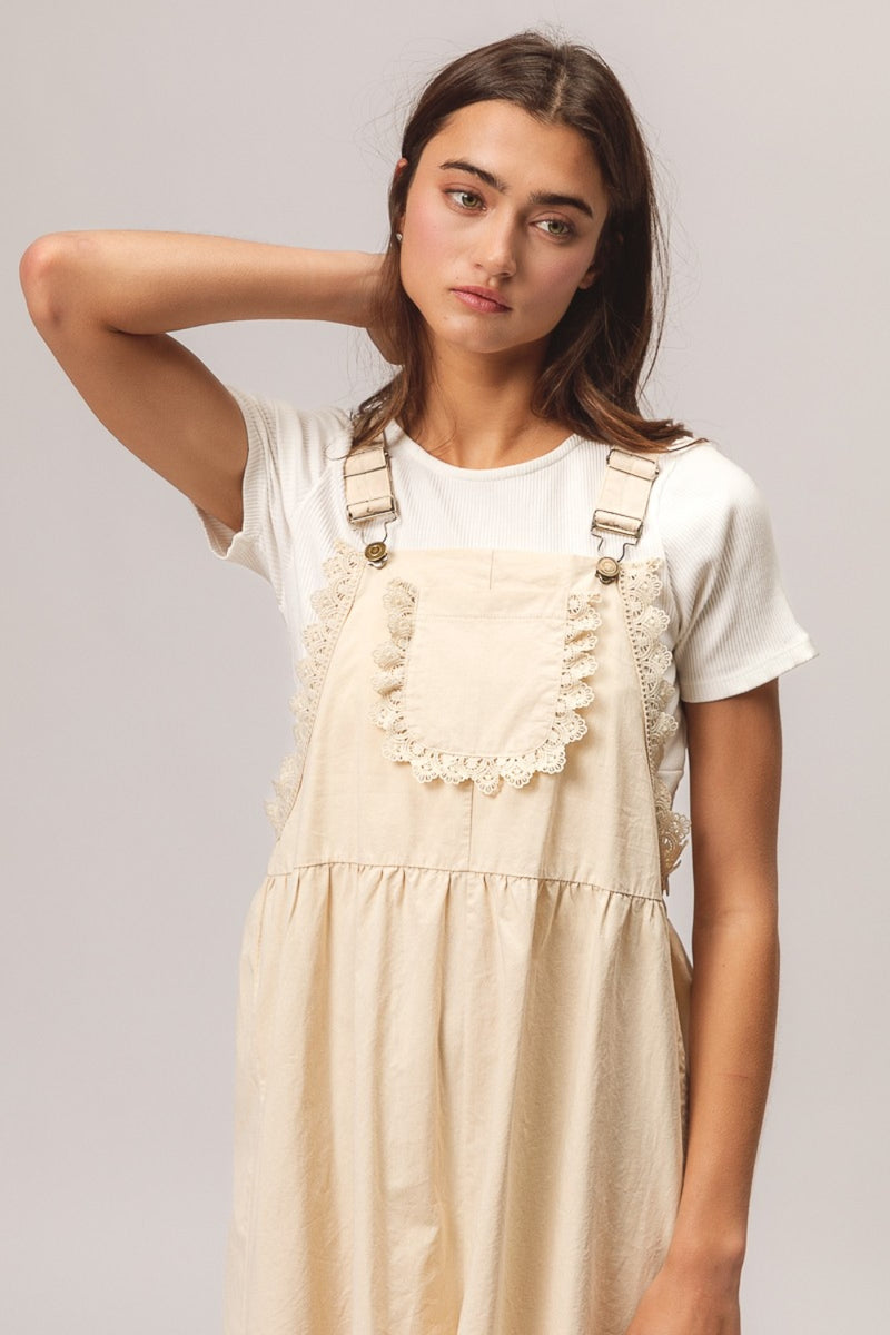 BiBi Back Patch Pocket Lace Trim Rompers - Brittney MADE
